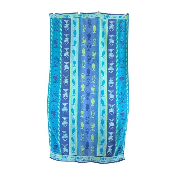 Vintage Cecil Saydah Beach Towel Go Fish Blue Green Cotton Retro Whimsical 34x63 - Picture 2 of 11